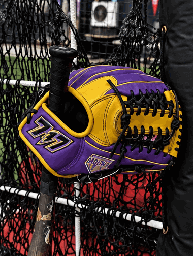 717 Custom Glove Builder demo — a purple and gold glove rotating on a batting cage net