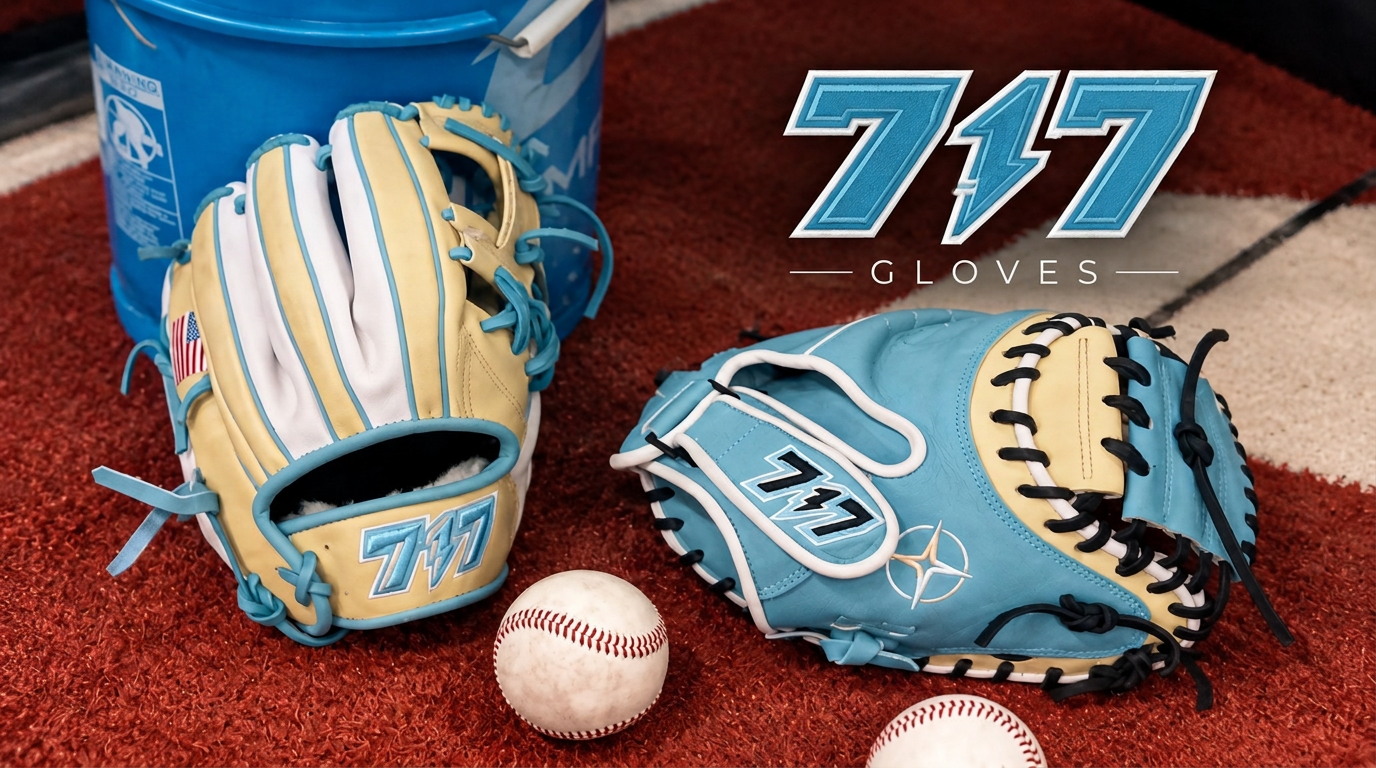 717 Gloves — two custom gloves in cream and sky blue beside a blue bucket and baseballs on field turf
